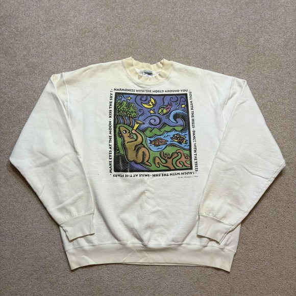 Vtg Human-i-Tees Art Crewneck Sweatshirt XL White Nature Animals Obscure90s
